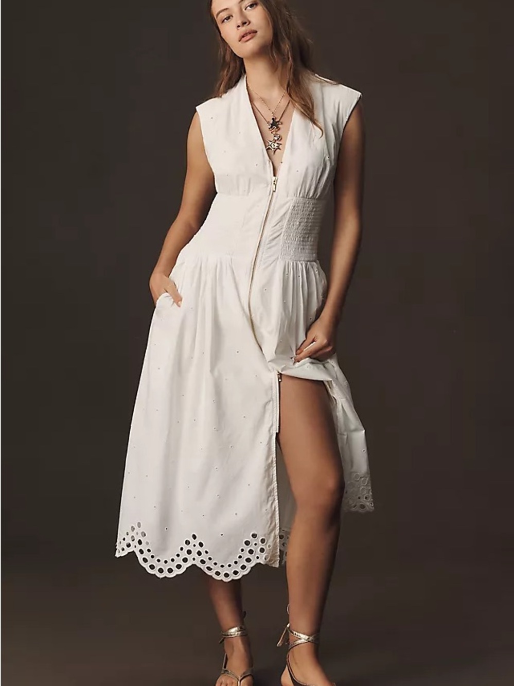 Tommie Cap-Sleeve Smocked Front-Zip Shirt Dress: Eyelet-Trim Edition